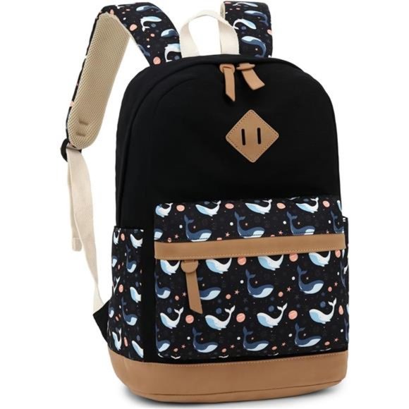Cute Floral Canvas Backpack Laptop Backpack Casual Shoulder Bag Black-whale